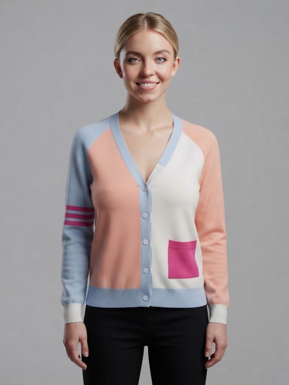 Bolide l Colorblock V-Neck Cardigan Sweater Peach Sky Blue Pink White Minimalist